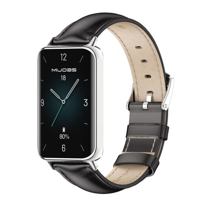 For Honor Band 10 / 9 MIJOBS Cowhide Leather Watch Band(Black Silver)