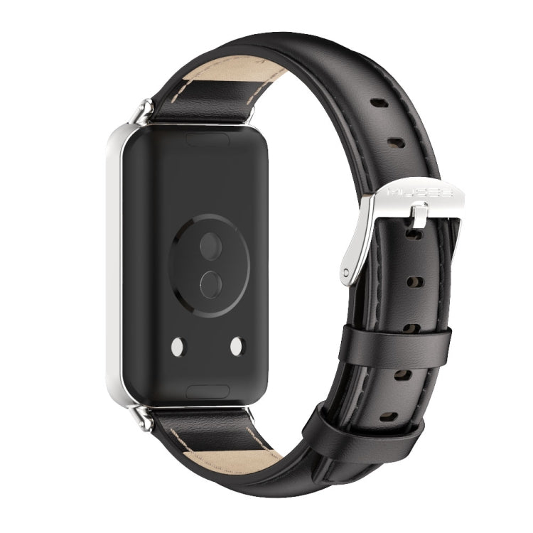 For Honor Band 10 / 9 MIJOBS Cowhide Leather Watch Band(Black Silver)