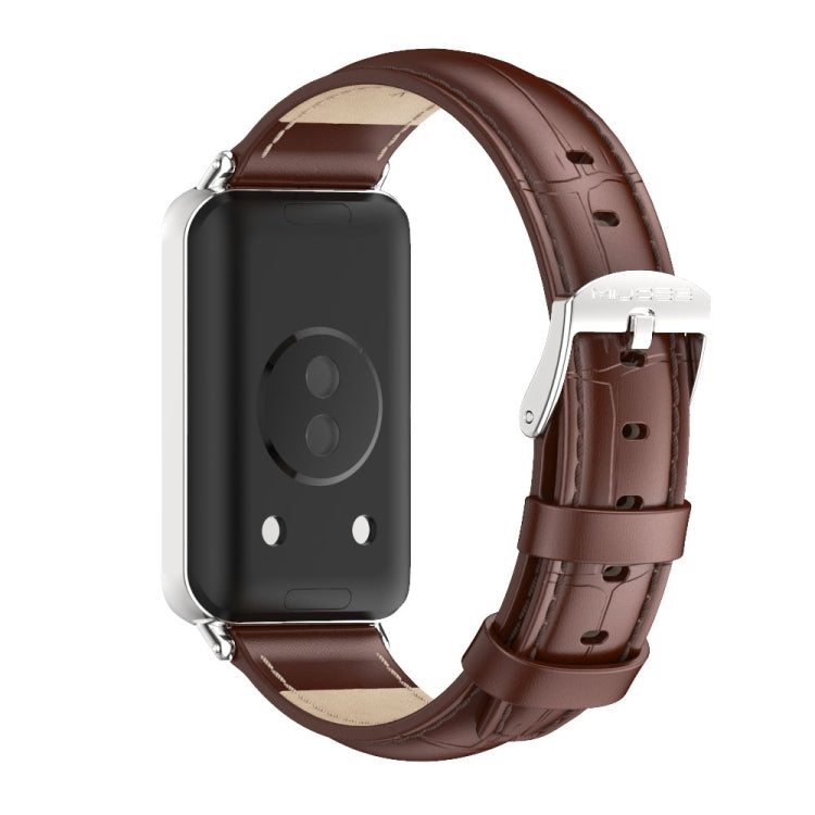 For Honor Band 10 / 9 MIJOBS Cowhide Leather Watch Band(Bamboo Coffee Silver)