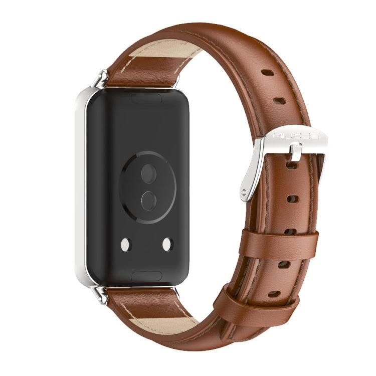 For Honor Band 10 / 9 MIJOBS Cowhide Leather Watch Band(Brown Silver)