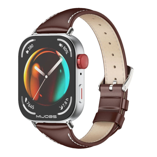 For Huawei Watch Fit3 MIJOBS Slim Genuine Leather Watch Band(Coffee Silver)