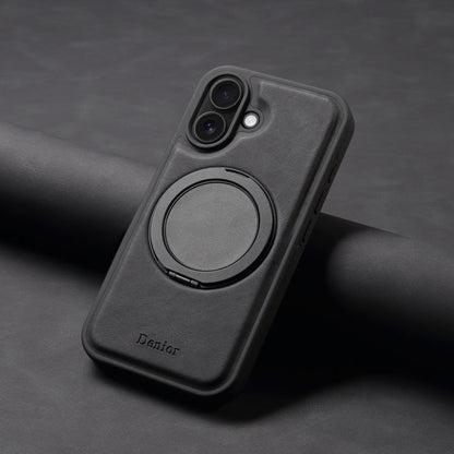 For iPhone 16 Plus Denior A14 Skin Feel Rotating Holder MagSafe Phone Case(Black)