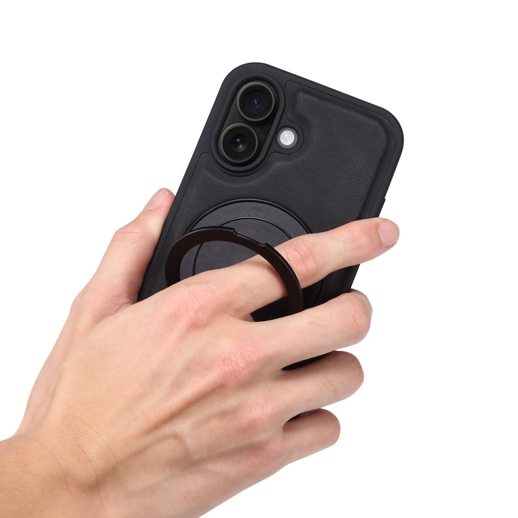 For iPhone 16 Plus Denior A14 Skin Feel Rotating Holder MagSafe Phone Case(Black)