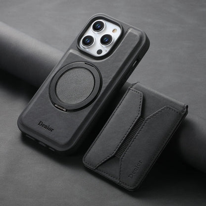 For iPhone 12 / 12 Pro Denior D18 Skin Feel Rotating Holder MagSafe Detachable Card Slot Phone Case(Black)