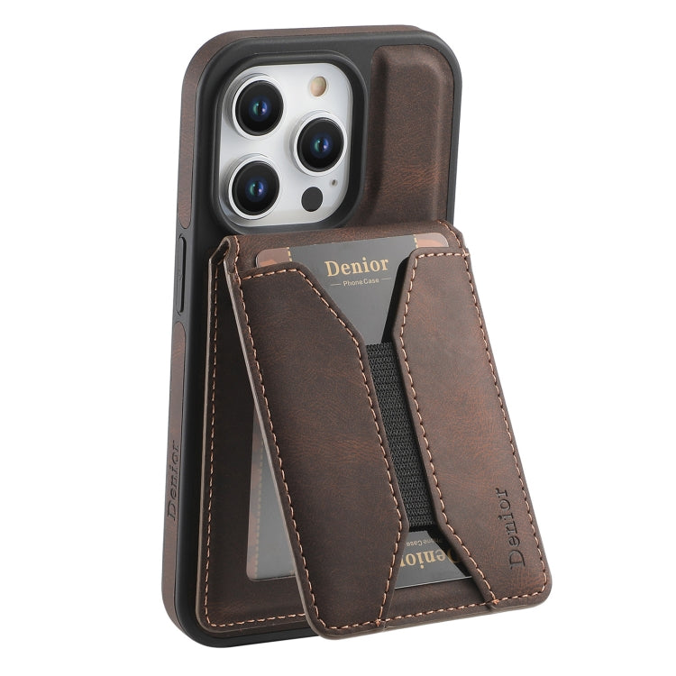 Pour iPhone 13 Pro Étui de téléphone Denior D18 avec support rotatif et fente pour cartes détachable MagSafe (marron)
