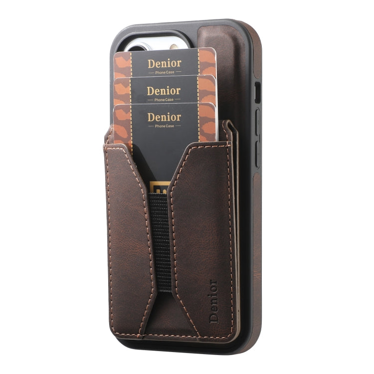 Pour iPhone 13 Pro Étui de téléphone Denior D18 avec support rotatif et fente pour cartes détachable MagSafe (marron)