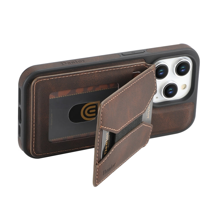Pour iPhone 13 Pro Étui de téléphone Denior D18 avec support rotatif et fente pour cartes détachable MagSafe (marron)