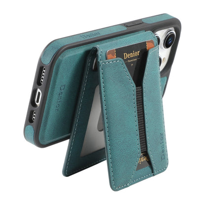 For iPhone 15 Denior D18 Skin Feel Rotating Holder MagSafe Detachable Card Slot Phone Case(Blue)