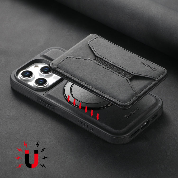 For iPhone 15 Denior D18 Skin Feel Rotating Holder MagSafe Detachable Card Slot Phone Case(Black)