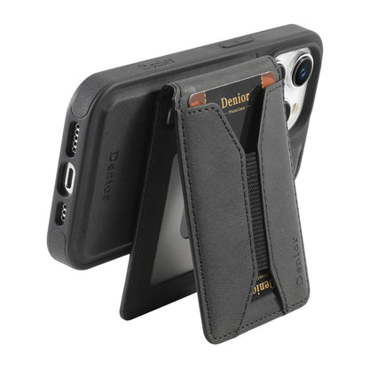 For iPhone 15 Denior D18 Skin Feel Rotating Holder MagSafe Detachable Card Slot Phone Case(Black)