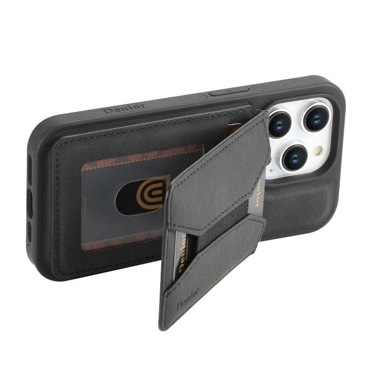 For iPhone 15 Denior D18 Skin Feel Rotating Holder MagSafe Detachable Card Slot Phone Case(Black)