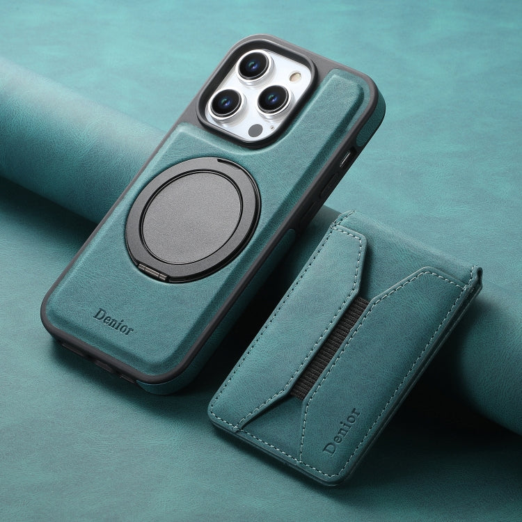 For iPhone 15 Plus / 14 Plus Denior D18 Skin Feel Rotating Holder MagSafe Detachable Card Slot Phone Case(Blue)