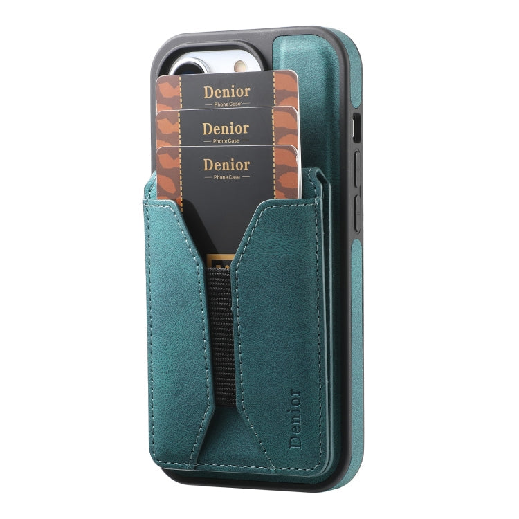 For iPhone 15 Plus / 14 Plus Denior D18 Skin Feel Rotating Holder MagSafe Detachable Card Slot Phone Case(Blue)