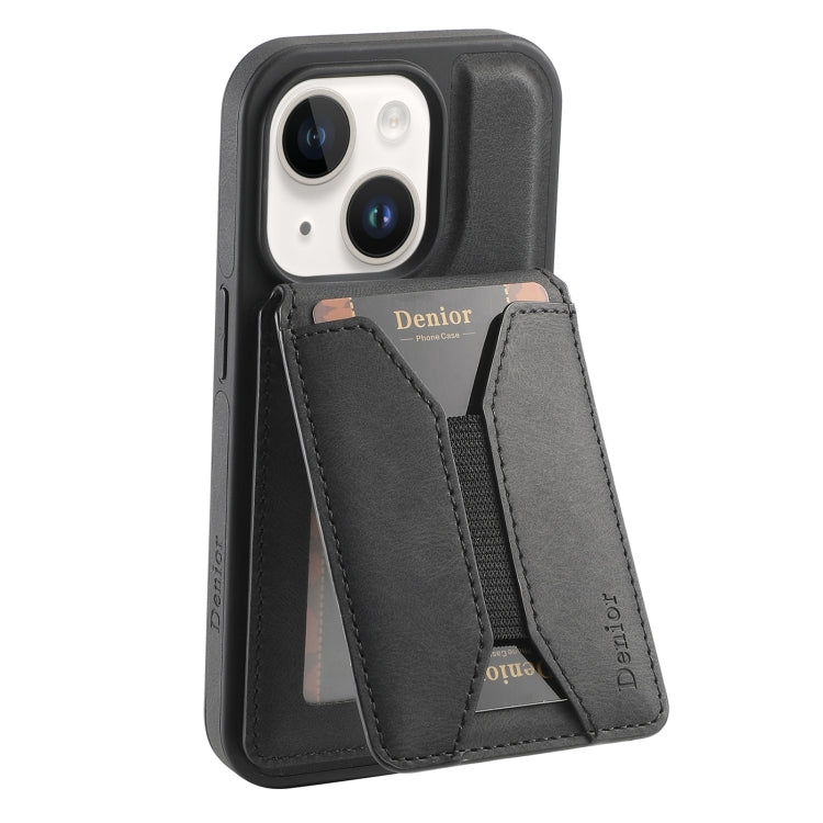 Pour iPhone 15 Plus / 14 Plus Denior D18 Étui de téléphone avec support rotatif effet peau, MagSafe et fente pour cartes détachable (Noir)
