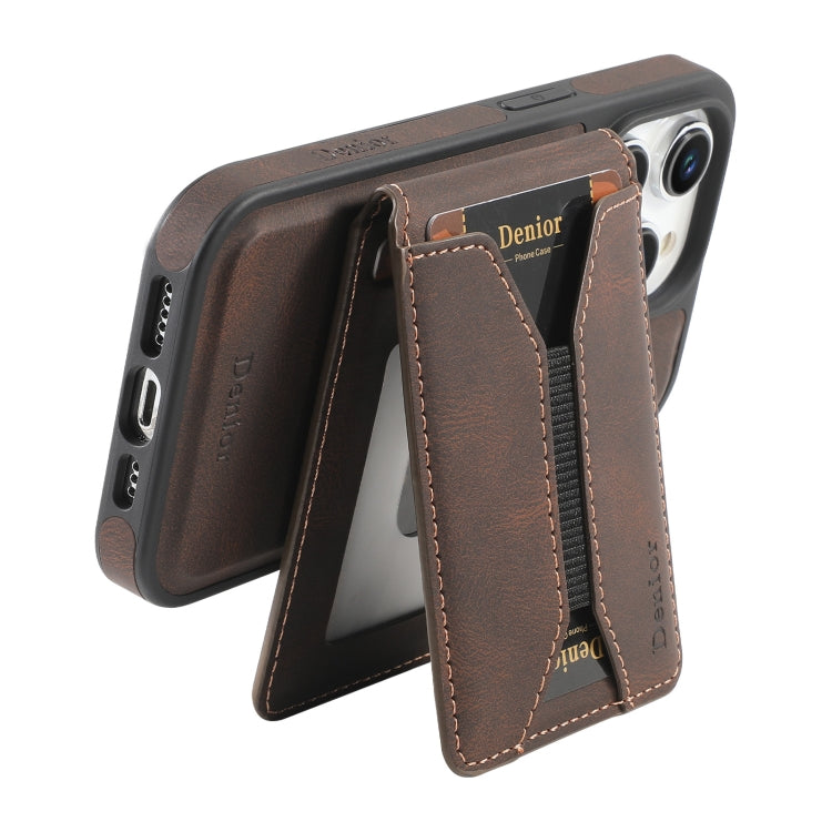 For iPhone 15 Pro Denior D18 Skin Feel Rotating Holder MagSafe Detachable Card Slot Phone Case(Brown)