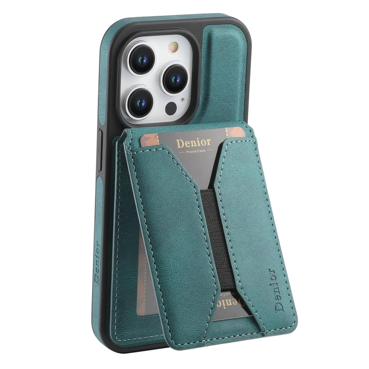 For iPhone 15 Pro Max Denior D18 Skin Feel Rotating Holder MagSafe Detachable Card Slot Phone Case(Blue)