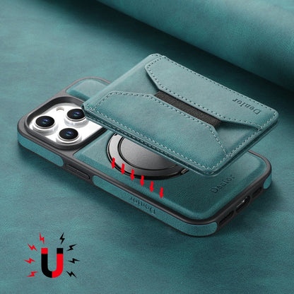 For iPhone 15 Pro Max Denior D18 Skin Feel Rotating Holder MagSafe Detachable Card Slot Phone Case(Blue)