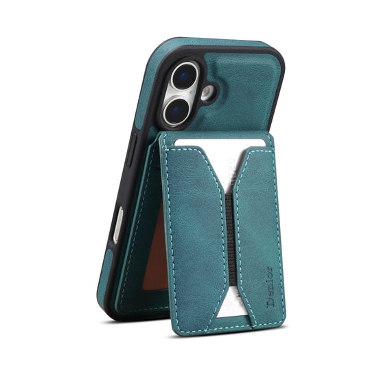For iPhone 16 Denior D18 Skin Feel Rotating Holder MagSafe Detachable Card Slot Phone Case(Blue)