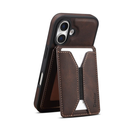 For iPhone 16 Denior D18 Skin Feel Rotating Holder MagSafe Detachable Card Slot Phone Case(Brown)