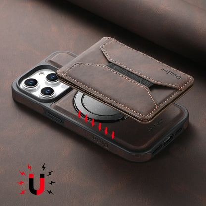 For iPhone 16 Denior D18 Skin Feel Rotating Holder MagSafe Detachable Card Slot Phone Case(Brown)