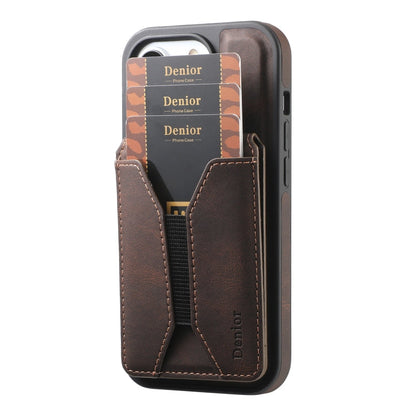 For iPhone 16 Denior D18 Skin Feel Rotating Holder MagSafe Detachable Card Slot Phone Case(Brown)