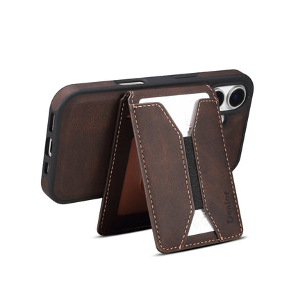 For iPhone 16 Denior D18 Skin Feel Rotating Holder MagSafe Detachable Card Slot Phone Case(Brown)