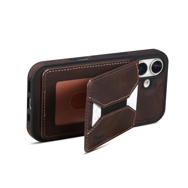 For iPhone 16 Denior D18 Skin Feel Rotating Holder MagSafe Detachable Card Slot Phone Case(Brown)