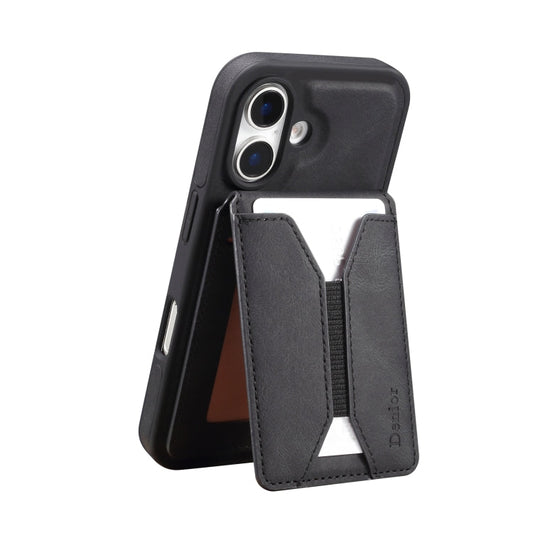 For iPhone 16 Denior D18 Skin Feel Rotating Holder MagSafe Detachable Card Slot Phone Case(Black)