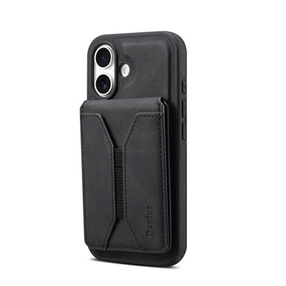For iPhone 16 Denior D18 Skin Feel Rotating Holder MagSafe Detachable Card Slot Phone Case(Black)