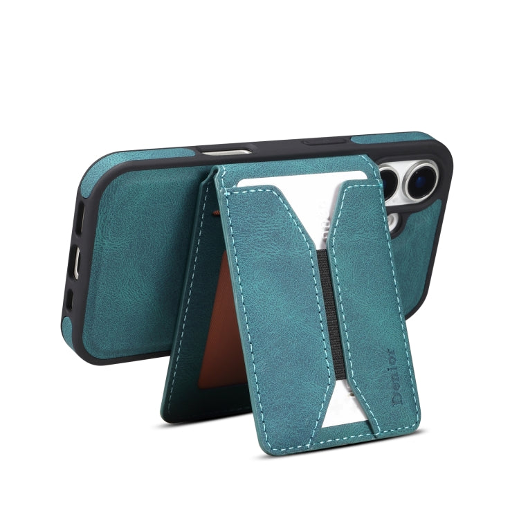 For iPhone 16 Plus Denior D18 Skin Feel Rotating Holder MagSafe Detachable Card Slot Phone Case(Blue)