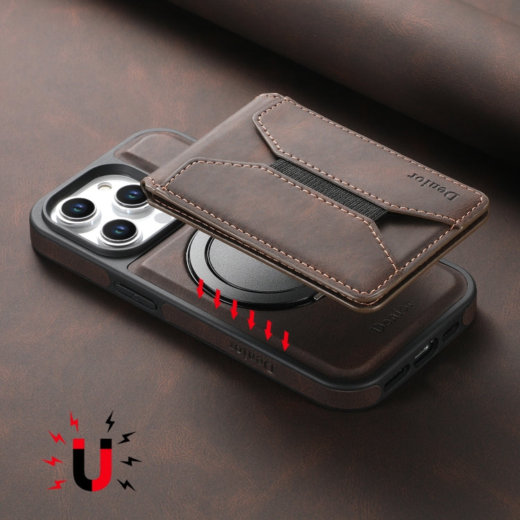 Pour iPhone 16 Pro Denior D18 Étui de téléphone avec support rotatif et fente pour carte détachable MagSafe en cuir (marron)