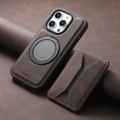 For iPhone 16 Pro Max Denior D18 Skin Feel Rotating Holder MagSafe Detachable Card Slot Phone Case(Brown)