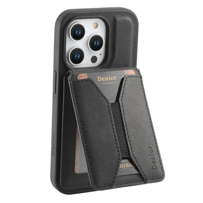 For iPhone 16 Pro Max Denior D18 Skin Feel Rotating Holder MagSafe Detachable Card Slot Phone Case(Black)