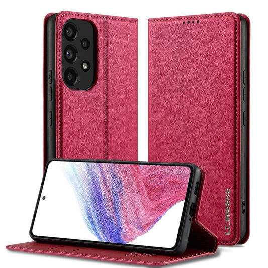 Pour Samsung Galaxy A53 5G Étui de téléphone en cuir PU texturé fin dépoli série LC.IMEEKE L1 (rouge)