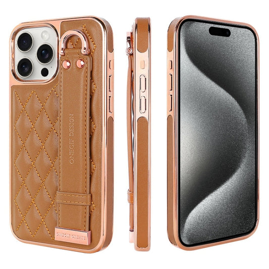 For iPhone 15 Pro Max VIETAO Rhombic Texture Wristband PU Phone Case(Brown)