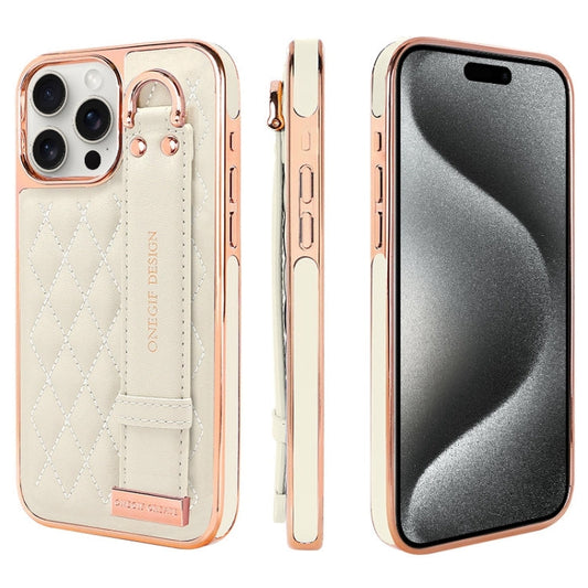 Pour iPhone 15 Pro VIETAO Coque de téléphone en PU à texture rhomboïdale avec dragonne (Blanc)