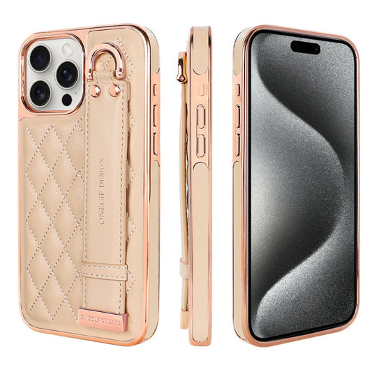 For iPhone 15 Pro VIETAO Rhombic Texture Wristband PU Phone Case(Pink)