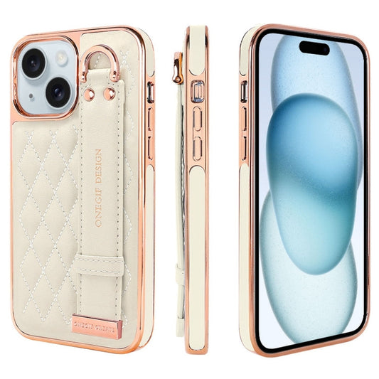 For iPhone 15 VIETAO Rhombic Texture Wristband PU Phone Case(White)