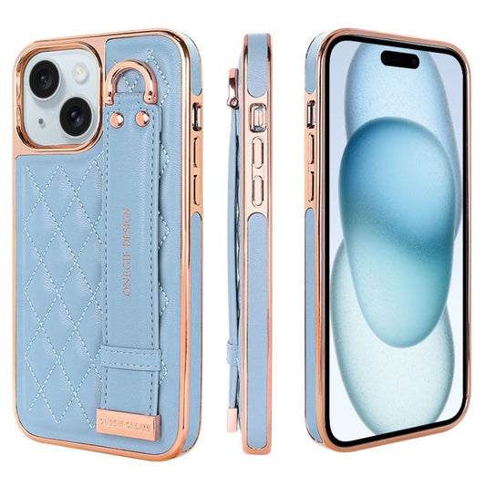 For iPhone 15 VIETAO Rhombic Texture Wristband PU Phone Case(Blue)