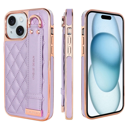 For iPhone 15 VIETAO Rhombic Texture Wristband PU Phone Case(Purple)