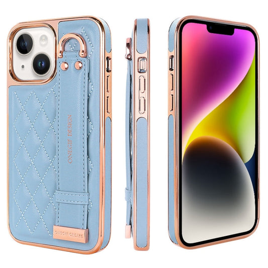 For iPhone 14 VIETAO Rhombic Texture Wristband PU Phone Case(Blue)