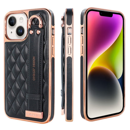 For iPhone 14 VIETAO Rhombic Texture Wristband PU Phone Case(Black)