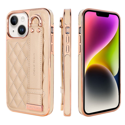 For iPhone 14 VIETAO Rhombic Texture Wristband PU Phone Case(Pink)