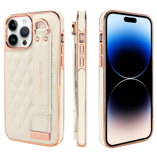 Pour iPhone 14 Pro Max Étui de téléphone en PU avec bracelet à texture rhomboïde VIETAO (blanc)