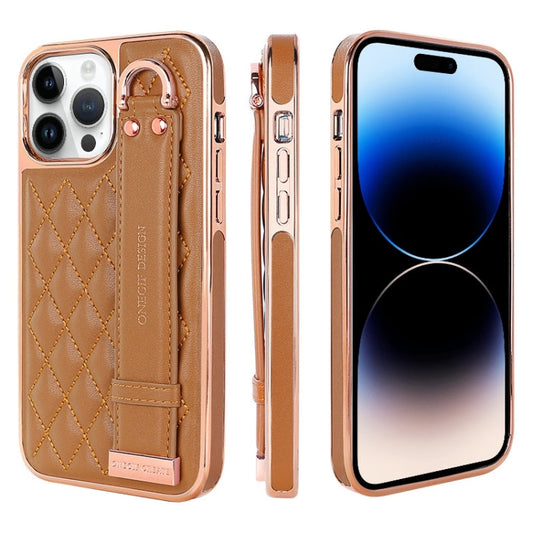 Pour iPhone 14 Pro Max Étui de téléphone en PU avec bracelet texturé losange VIETAO (marron)
