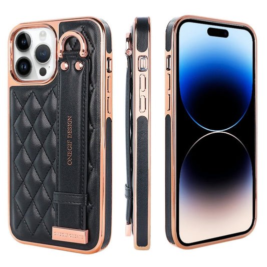 Pour iPhone 14 Pro Max Étui de téléphone en cuir PU avec bracelet texturé losange VIETAO (noir)