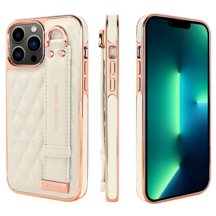 Pour iPhone 13 Pro Max Étui de Téléphone en PU avec Dragonne Texture Losange VIETAO (Blanc)