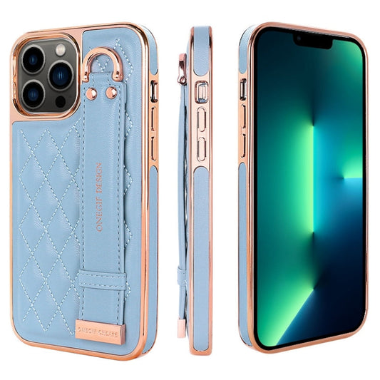 Pour iPhone 13 Pro Max VIETAO Housse de téléphone en PU avec texture rhomboïde et dragonne (Bleu)