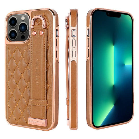 Pour iPhone 13 Pro Max VIETAO Housse de téléphone en PU texturé Rhombic avec dragonne (Marron)