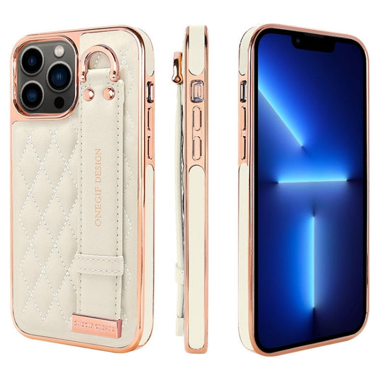 Pour iPhone 13 Pro VIETAO Coque de téléphone en PU à texture rhomboïde avec dragonne (blanc)
